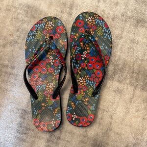 Tory Burch Black Floral Flip Flop Sandals with Red and Blue Flowers